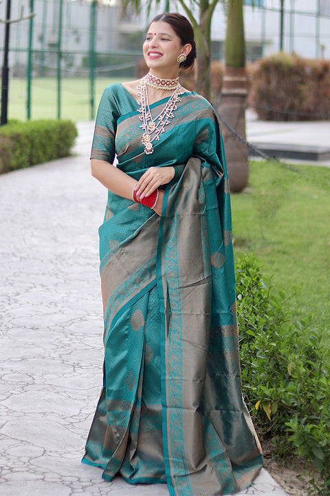 Luxuriant Rama Soft Banarasi Silk Saree With Alluring Blouse Piece ClothsVilla Main image