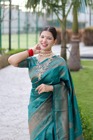 Luxuriant Rama Soft Banarasi Silk Saree With Alluring Blouse Piece ClothsVilla