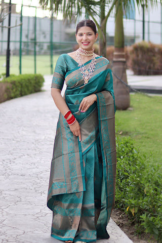 Luxuriant Rama Soft Banarasi Silk Saree With Alluring Blouse Piece ClothsVilla
