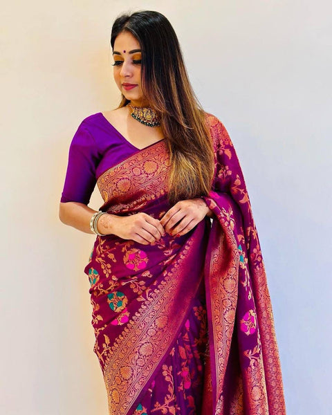 Blooming Purple Soft Banarasi Silk Saree With Staring Blouse Piece ClothsVilla Main image