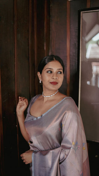 Desirable Grey Soft Silk Saree With Panoply Blouse Piece ClothsVilla