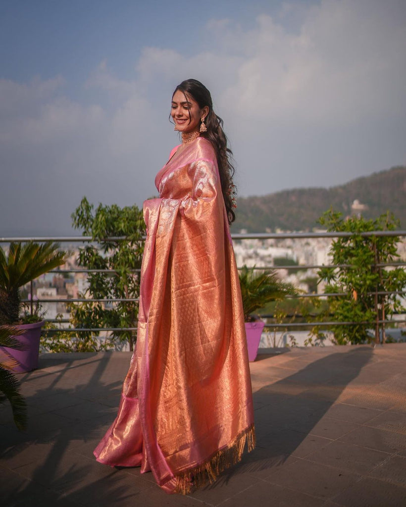 Denouement Pink Soft Banarasi Silk Saree With Impressive Blouse Piece ClothsVilla