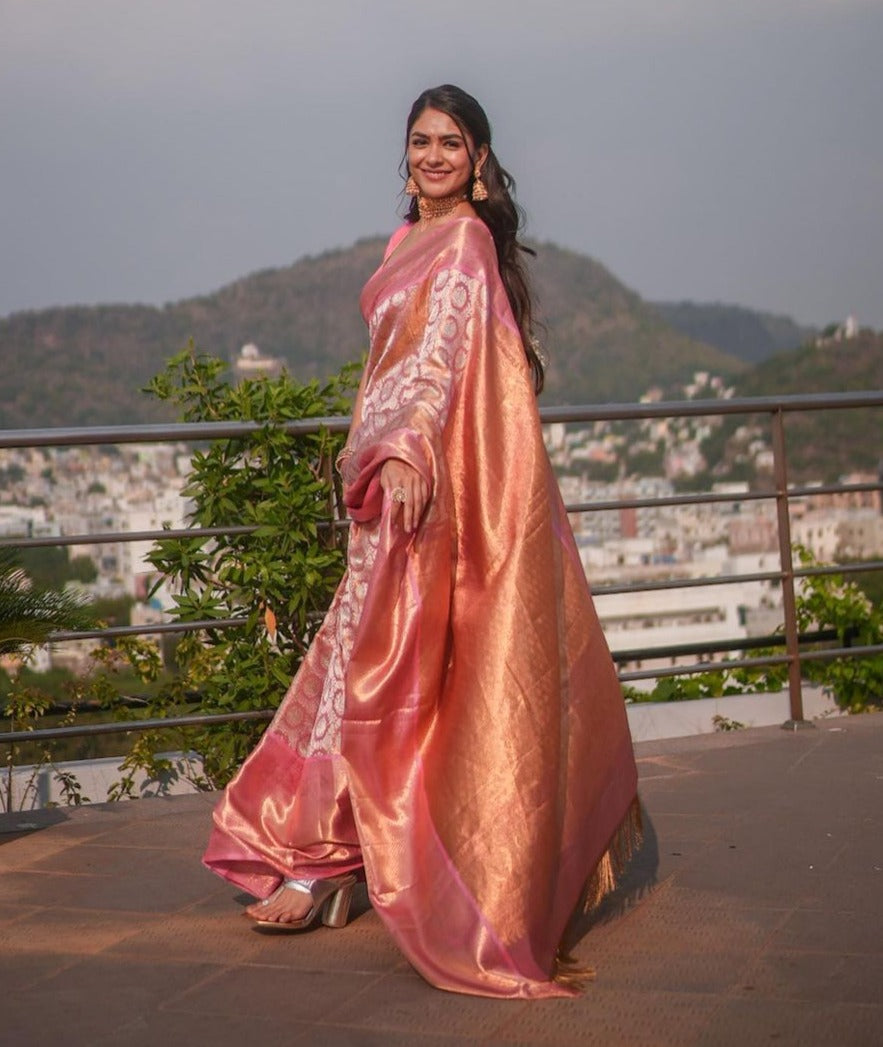 Denouement Pink Soft Banarasi Silk Saree With Impressive Blouse Piece ClothsVilla