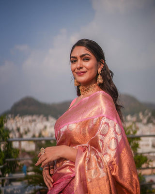 Denouement Pink Soft Banarasi Silk Saree With Impressive Blouse Piece ClothsVilla