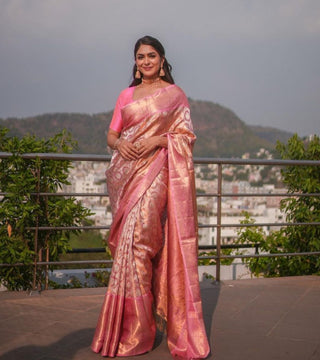 Denouement Pink Soft Banarasi Silk Saree With Impressive Blouse Piece ClothsVilla
