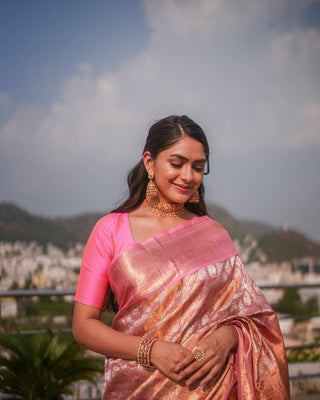 Denouement Pink Soft Banarasi Silk Saree With Impressive Blouse Piece ClothsVilla