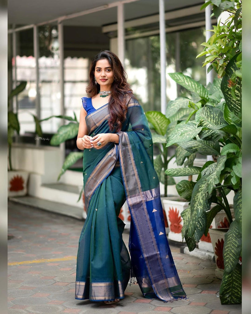Outstanding Rama Soft Silk Saree With Snazzy Blouse Piece ClothsVilla
