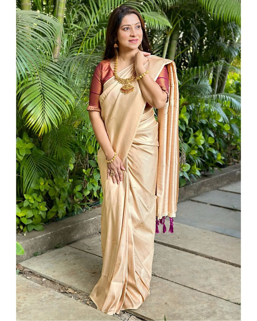 Fantabulous Cream Soft Silk Saree With Tempting Blouse Piece ClothsVilla