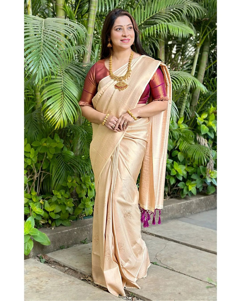 Fantabulous Cream Soft Silk Saree With Tempting Blouse Piece ClothsVilla