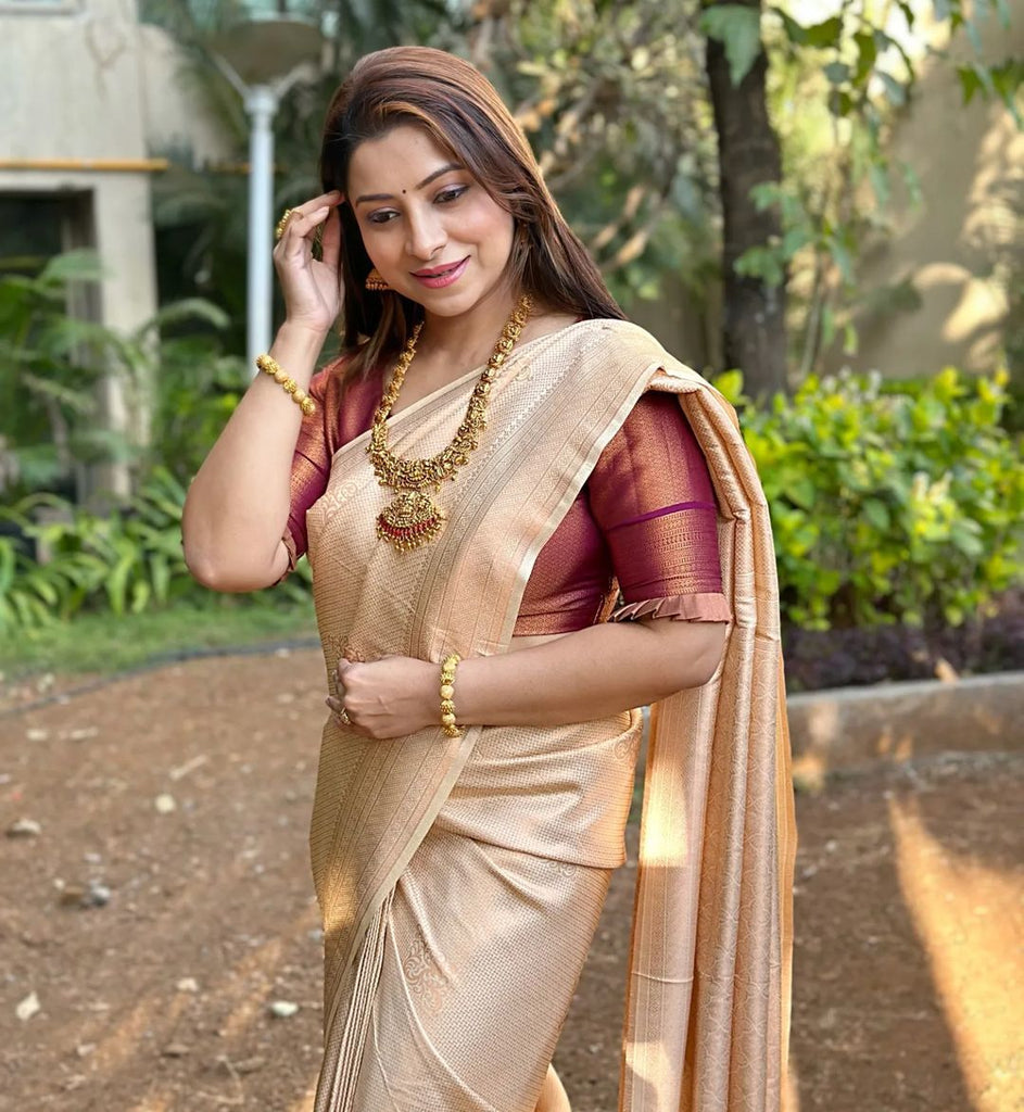 Fantabulous Cream Soft Silk Saree With Tempting Blouse Piece ClothsVilla