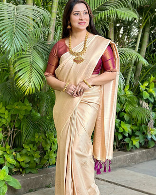 Fantabulous Cream Soft Silk Saree With Tempting Blouse Piece ClothsVilla