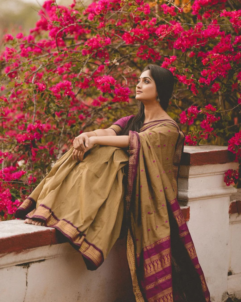 Sophisticated Dark Beige Soft Banarasi Silk Saree With Energetic Blouse Piece ClothsVilla