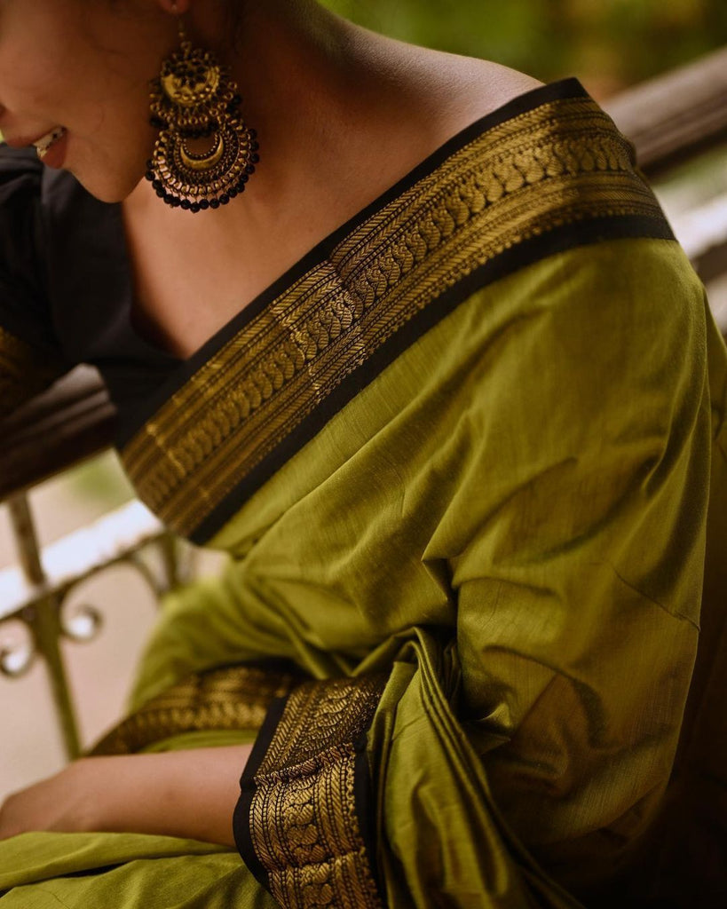 Glittering Mehndi Soft Banarasi Silk Saree With Unequalled Blouse Piece ClothsVilla