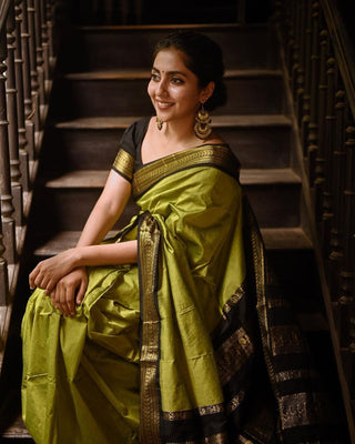 Glittering Mehndi Soft Banarasi Silk Saree With Unequalled Blouse Piece ClothsVilla