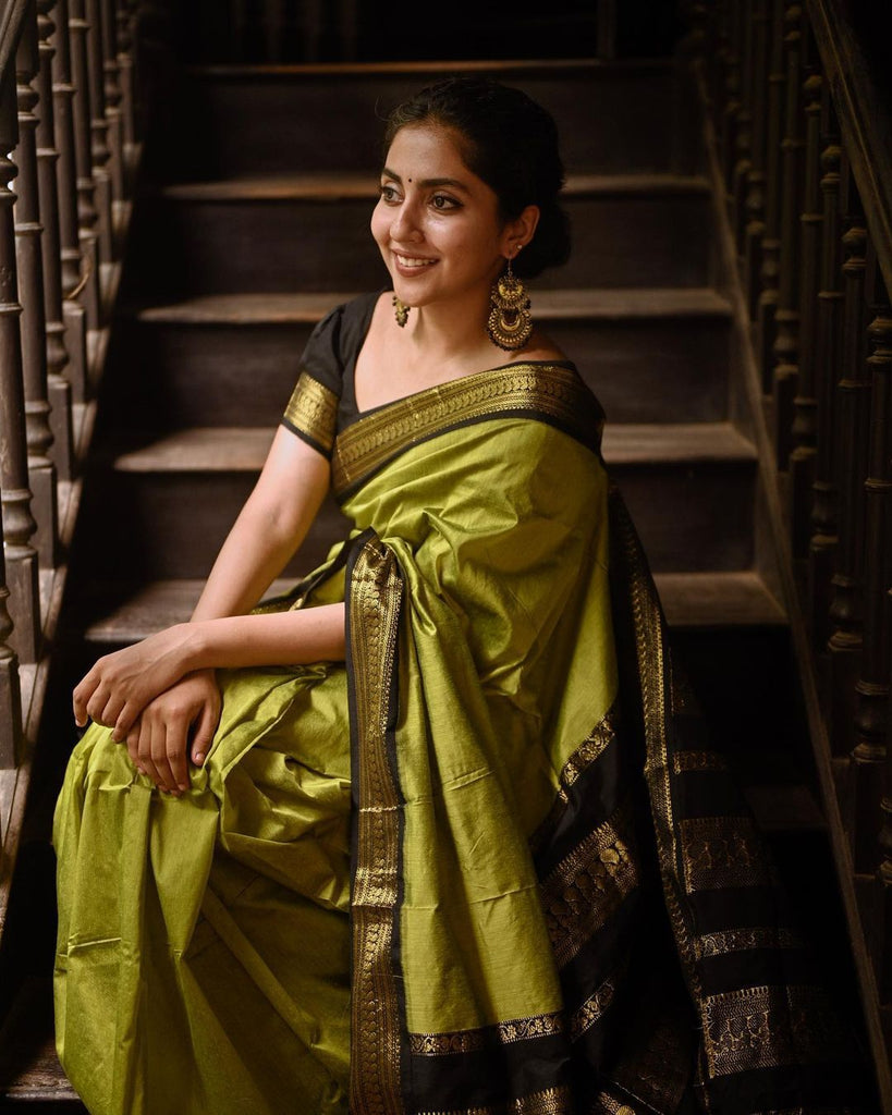 Glittering Mehndi Soft Banarasi Silk Saree With Unequalled Blouse Piece ClothsVilla