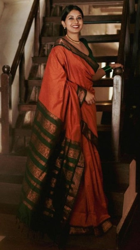 Prominent Orange Soft Banarasi Silk Saree With Flamboyant Blouse Piece ClothsVilla