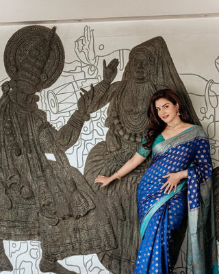 Delightful Blue Soft Banarasi Silk Saree With Prettiest Blouse Piece ClothsVilla