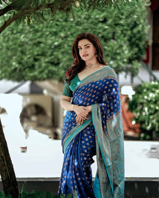 Delightful Blue Soft Banarasi Silk Saree With Prettiest Blouse Piece ClothsVilla