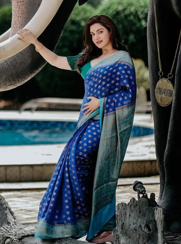 Delightful Blue Soft Banarasi Silk Saree With Prettiest Blouse Piece ClothsVilla