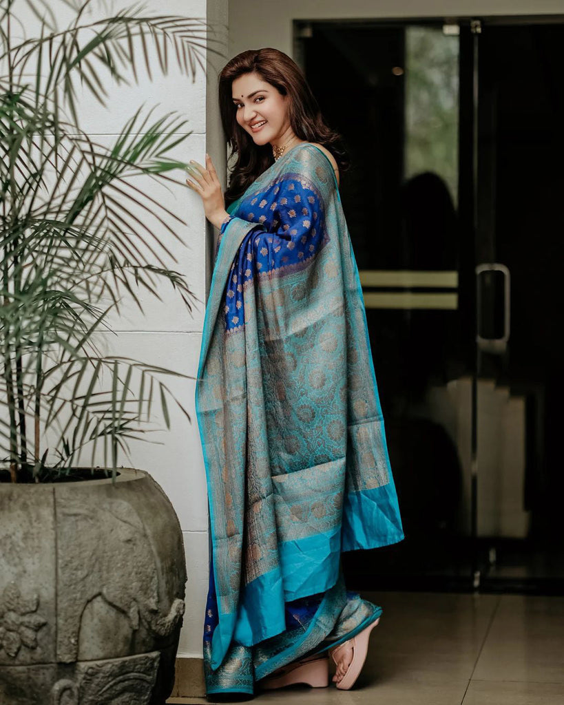 Delightful Blue Soft Banarasi Silk Saree With Prettiest Blouse Piece ClothsVilla