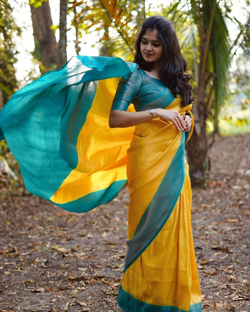 Inspiring Yellow Soft Silk Saree With Fairytale Blouse Piece ClothsVilla