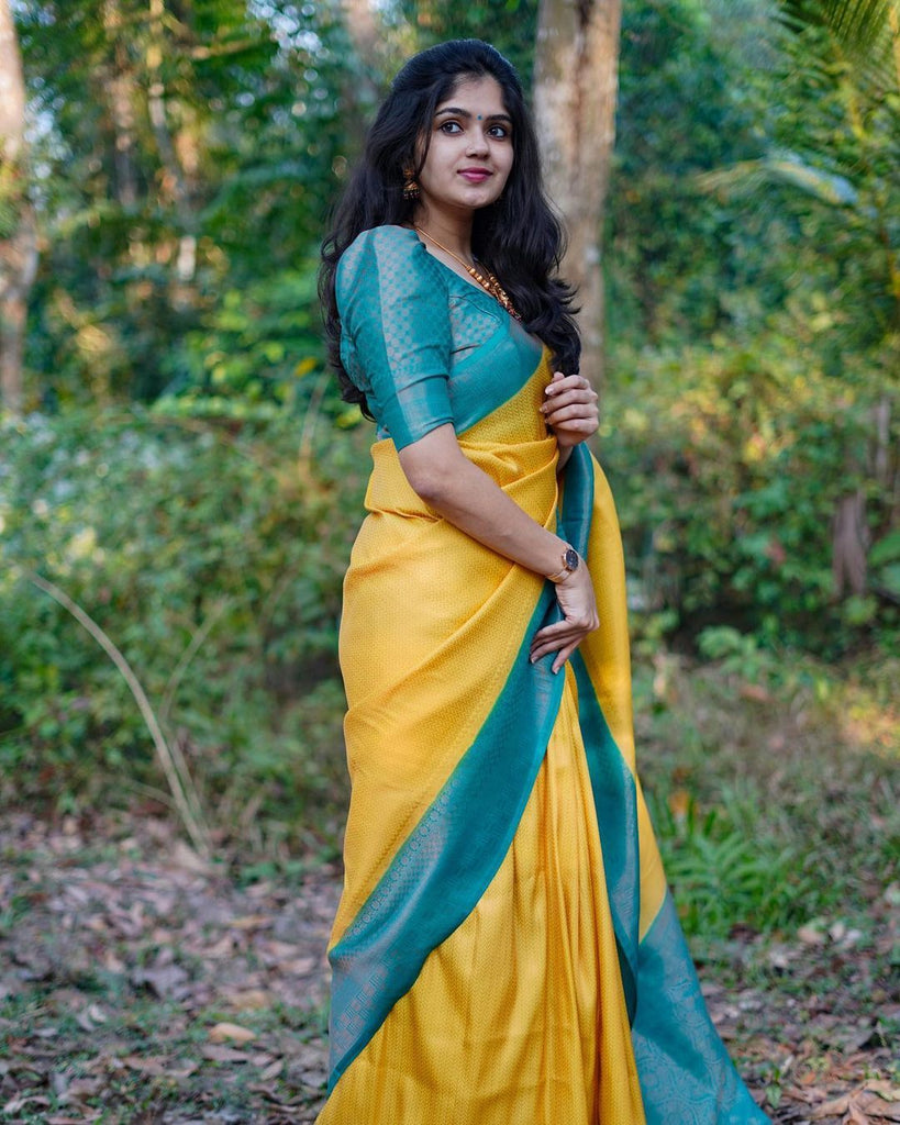 Inspiring Yellow Soft Silk Saree With Fairytale Blouse Piece ClothsVilla