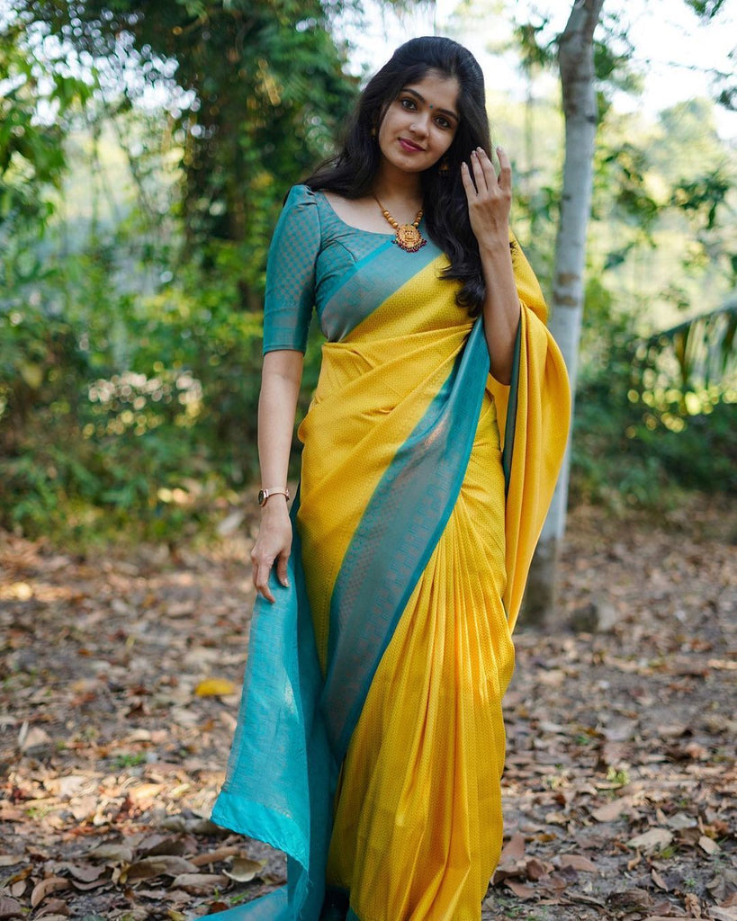 Inspiring Yellow Soft Silk Saree With Fairytale Blouse Piece ClothsVilla