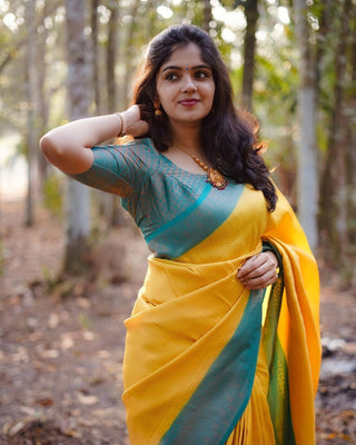 Inspiring Yellow Soft Silk Saree With Fairytale Blouse Piece ClothsVilla