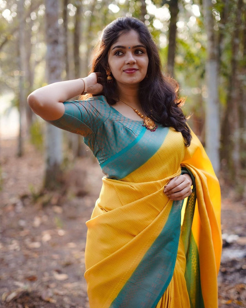 Inspiring Yellow Soft Silk Saree With Fairytale Blouse Piece ClothsVilla