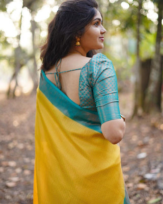 Inspiring Yellow Soft Silk Saree With Fairytale Blouse Piece ClothsVilla