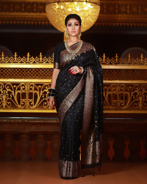 A dreamy Black Soft Banarasi silk saree With Lissome Blouse Piece ClothsVilla Main image