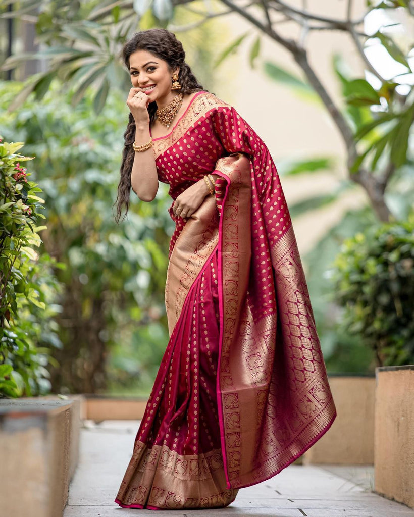 Super classy Maroon Soft Banarasi Silk Saree With Adoring Blouse Piece ClothsVilla
