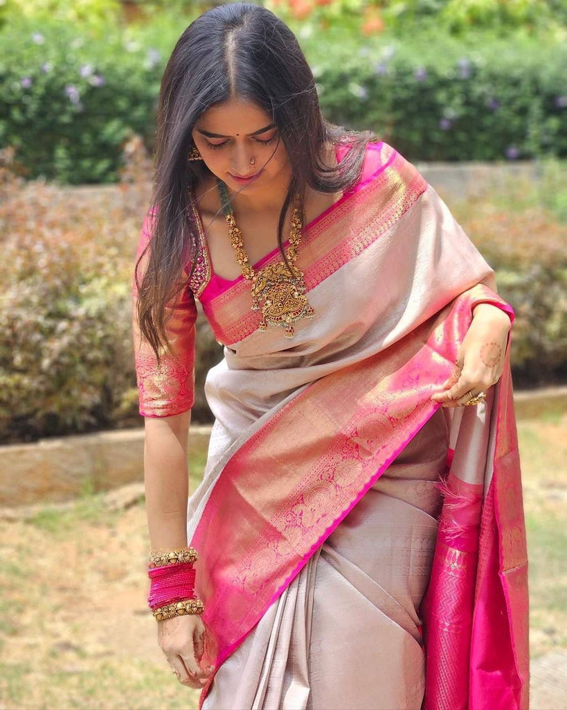 Outstanding Beige Soft Banarasi Silk Saree With Alluring Blouse Piece ClothsVilla
