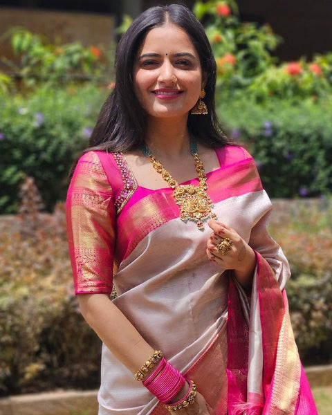 Outstanding Beige Soft Banarasi Silk Saree With Alluring Blouse Piece ClothsVilla Main image