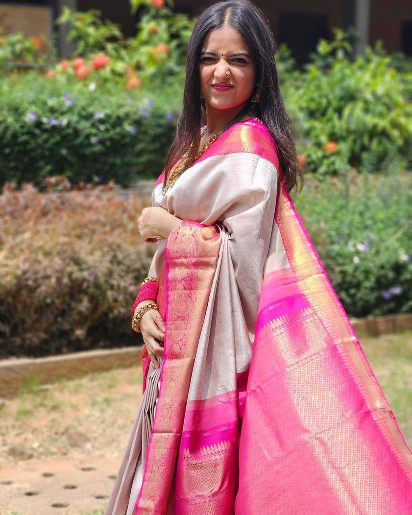 Outstanding Beige Soft Banarasi Silk Saree With Alluring Blouse Piece ClothsVilla