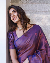 Load image into Gallery viewer, Most Flattering Navy Blue Soft Banarasi Silk Saree With Groovy Blouse Piece ClothsVilla