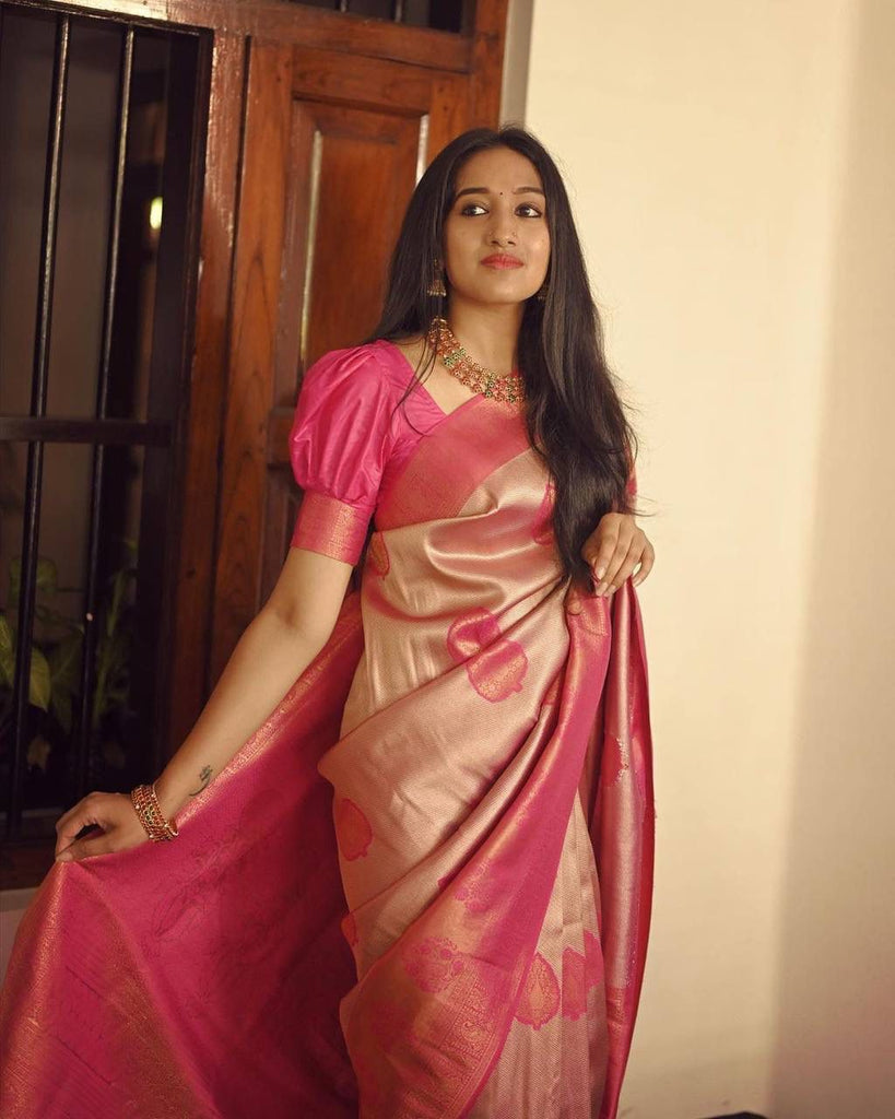 Flattering Peach Soft Silk Saree With Unique Blouse Piece ClothsVilla