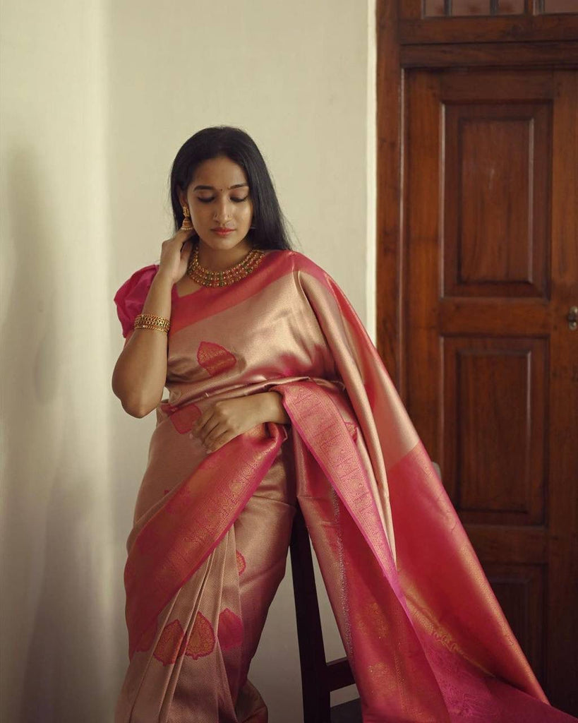 Flattering Peach Soft Silk Saree With Unique Blouse Piece ClothsVilla