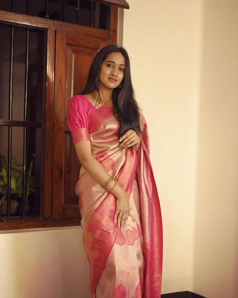 Flattering Peach Soft Silk Saree With Unique Blouse Piece ClothsVilla