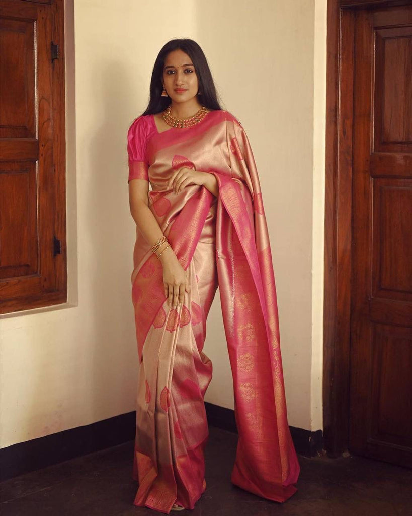 Flattering Peach Soft Silk Saree With Unique Blouse Piece ClothsVilla