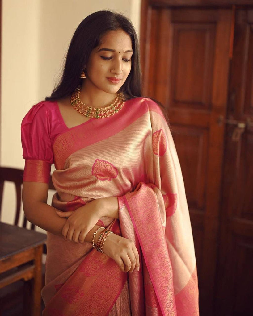 Flattering Peach Soft Silk Saree With Unique Blouse Piece ClothsVilla