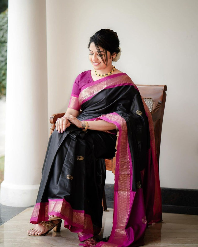 Captivating Black Soft Banarasi Silk Saree With Girlish Blouse Piece ClothsVilla
