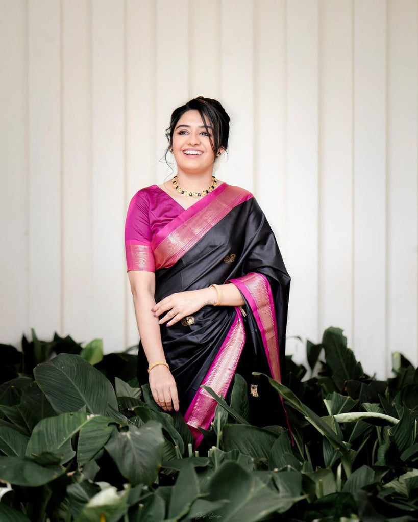 Captivating Black Soft Banarasi Silk Saree With Girlish Blouse Piece ClothsVilla