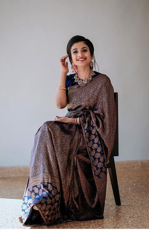 Beauteous Navy Blue Soft Silk Saree With Hypnotic Blouse Piece ClothsVilla Main image