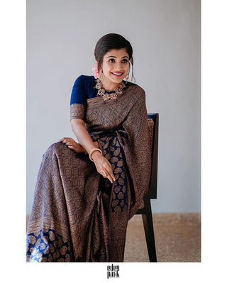 Beauteous Navy Blue Soft Silk Saree With Hypnotic Blouse Piece ClothsVilla