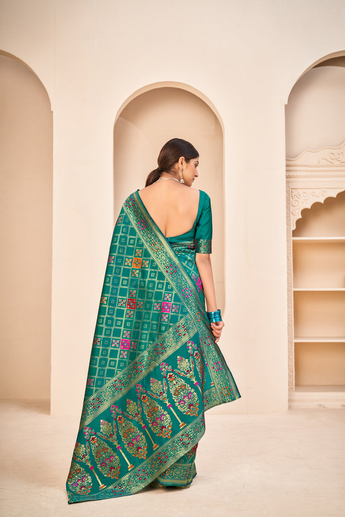 Amazing Banarasi Silk Fabric Teal Green Color Silk Weave Saree ClothsVilla