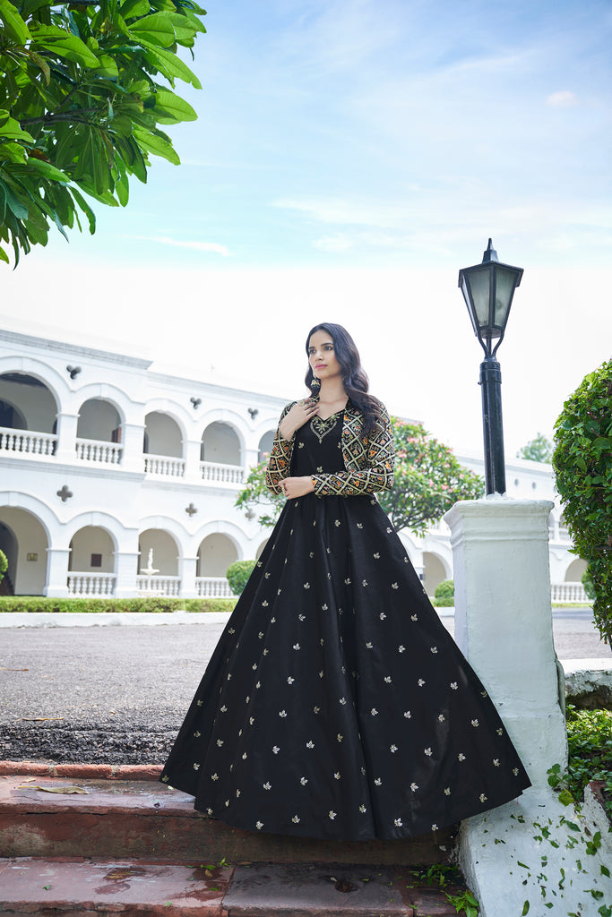 Amazing Black with Multicolor Color Work Anarkali Gown With Jacket Clothsvilla