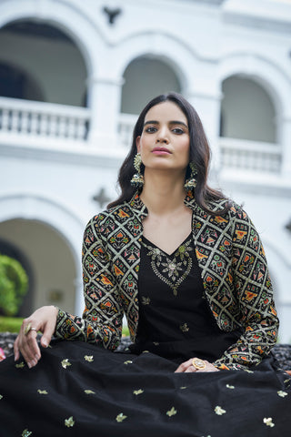 Amazing Black with Multicolor Color Work Anarkali Gown With Jacket Clothsvilla