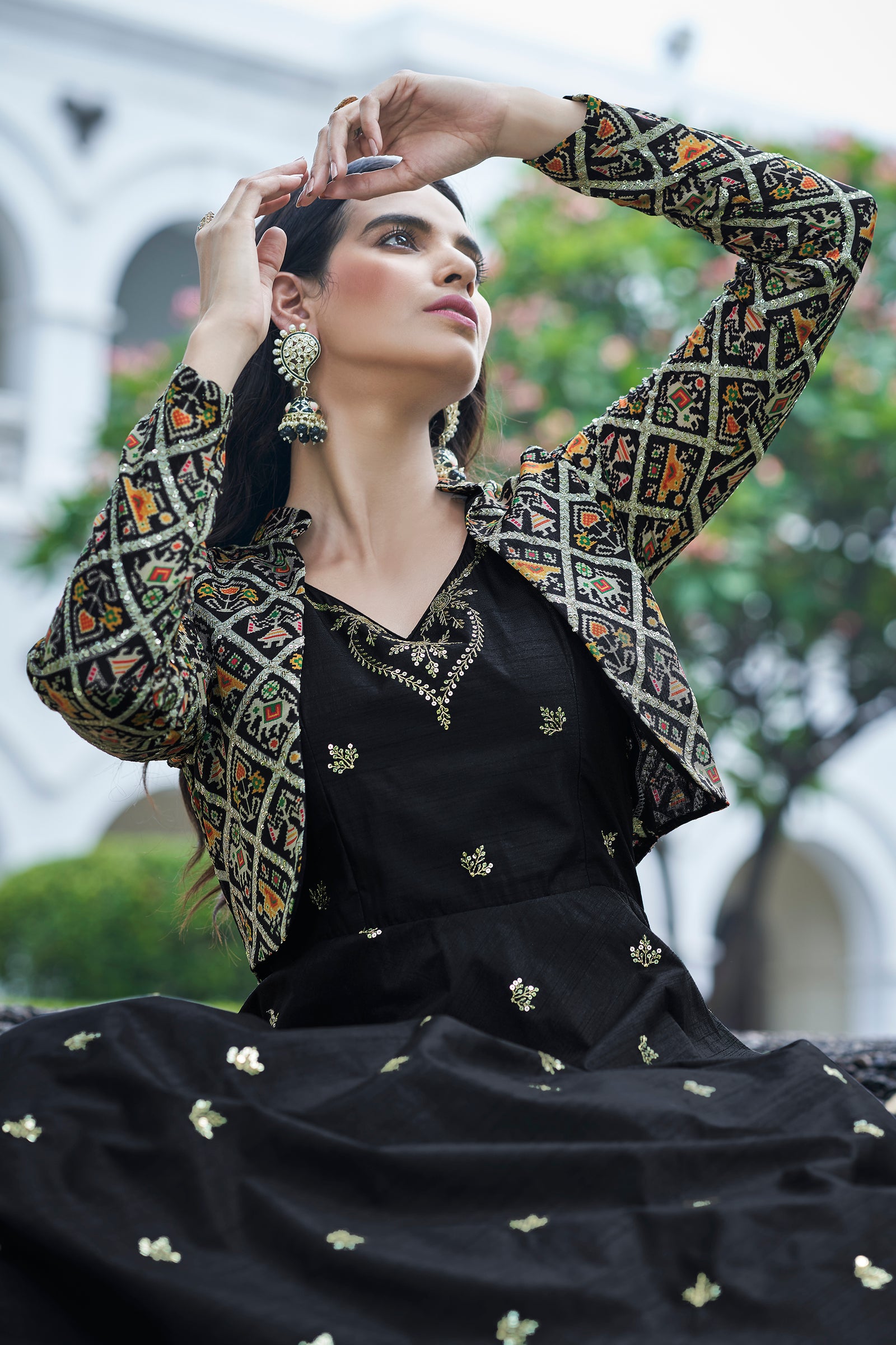 Amazing Black with Multicolor Color Work Anarkali Gown With Jacket Clothsvilla