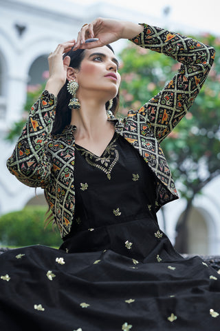 Amazing Black with Multicolor Color Work Anarkali Gown With Jacket Clothsvilla